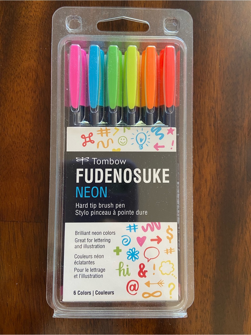 Fudenosuke Neon Hard-Tip Brush Pen Set — 6 Bright Colors